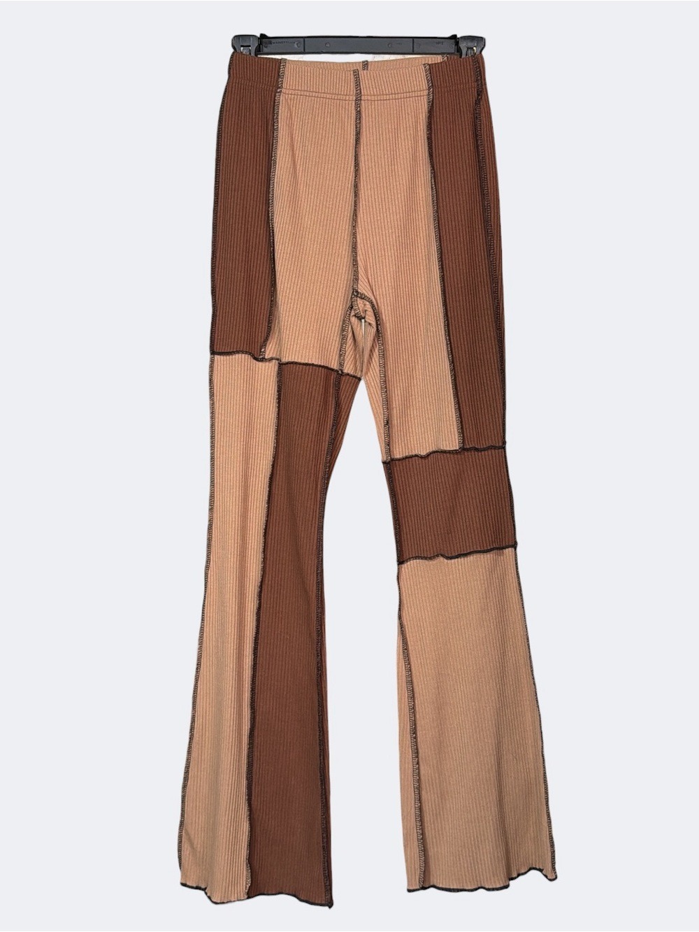 Patchwork Brown Flare Leggings Ribbed Exposed Seams Boho Pants Womens XS